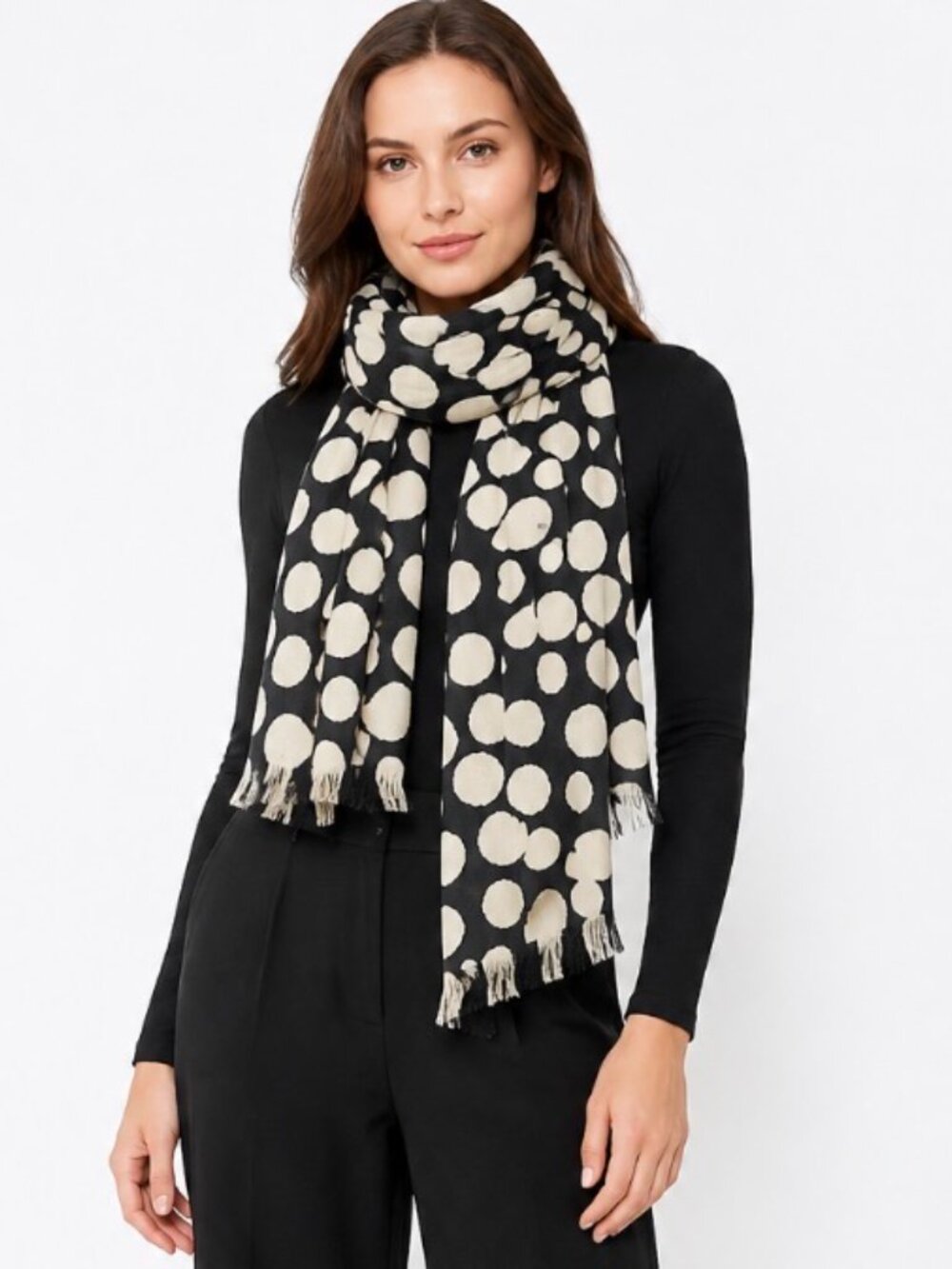 Cotton On Black & Ivory Polka Dot Fringe Scarf NWT Soft Wrap 100% Viscose